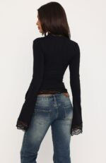Better Left Unsaid Lace Trim Long Sleeve Top Black - Image 4