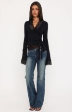 Better Left Unsaid Lace Trim Long Sleeve Top Black - Image 5