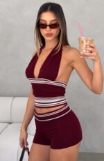 Ciao Bella Knit Halter Top Burgundy Stripe - Image 6