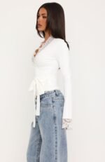 Better Left Unsaid Lace Trim Long Sleeve Top Off White - Image 3
