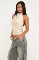 Watch And Learn Satin Halter Top Champagne - Image 3