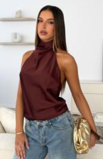 Watch And Learn Satin Halter Top Dark Chocolate