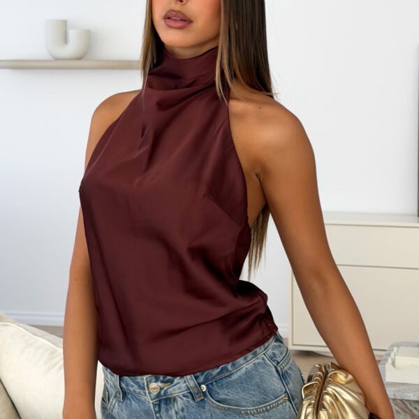 Watch And Learn Satin Halter Top Dark Chocolate