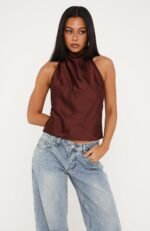 Watch And Learn Satin Halter Top Dark Chocolate - Image 3