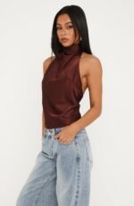 Watch And Learn Satin Halter Top Dark Chocolate - Image 4