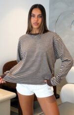 Touchdown Long Sleeve Tee Choc/Grey Marle Stripe - Image 6